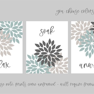 Relax Soak Unwind Floral Bursts Bathroom Art Prints, Charcoal Gray, Blue, Beige, Modern Bathroom Decor, Set of 3 Wall Many Sizes UNFRAMED