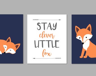 Navy and Orange Nursery, Baby Boy Nursery, Fox Nursery Decor, Forest Nursery Art, Baby Boy Nursery, Forest Nursery, Set of three 8x10s