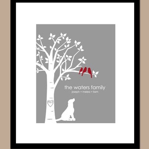 Personalized Family Tree, Dog, Family Tree With Dog, Love Birds, Custom Family Tree, Family Tree Wall Art, You Choose Colors - 11&quot;x14&quot; Print