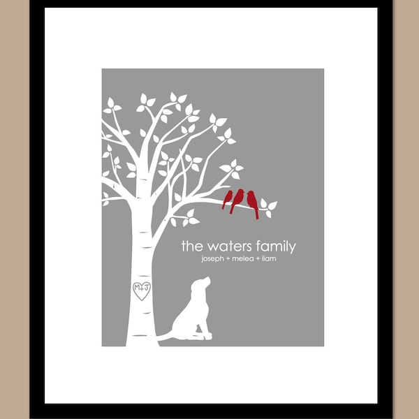 Personalized Family Tree, Dog, Family Tree With Dog, Love Birds, Custom Family Tree, Family Tree Wall Art, You Choose Colors - 11"x14" Print