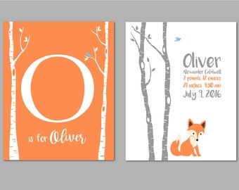 Fox Nursery Decor, Birthdate Print, Woodland Nursery, Fox Nursery, Forest Nursery Art, Baby Boy Nursery, Forest Nursery, Set of two 8x10s