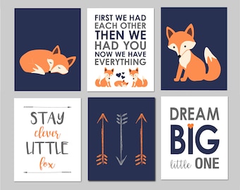 Fox Nursery Wall Art Print, Nursery Art Print, Fox Nursery Prints, Baby Boy Nursery Wall Art Print, Bedroom Decor, Navy and Orange Baby Boy