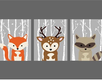 Woodland Nursery Art, Gray Nursery, Woodland Animals Wall Art, Woodland Theme Decor, Wood Forest Artwork, Birch Trees, Baby Boy Nursery