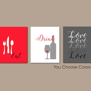 Kitchen Wall Art, Kitchen Wall Decor, Kitchen Art, Eat Drink Love, Grey, Black, Modern Kitchen Wall Art Set of (3) Unframed Prints OR Canvas