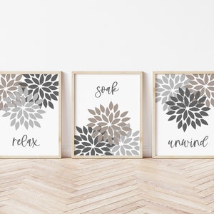 Bathroom Wall Art, Relax Soak Breathe Flower Bathroom Art, Neutral Brown Gray Beige, Timeless Bathroom Decor, Set of 3 Prints or Canvas Art