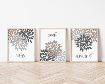 Bathroom Wall Art, Relax Soak Breathe Flower Bathroom Art, Neutral Brown Gray Beige, Timeless Bathroom Decor, Set of 3 Prints or Canvas Art