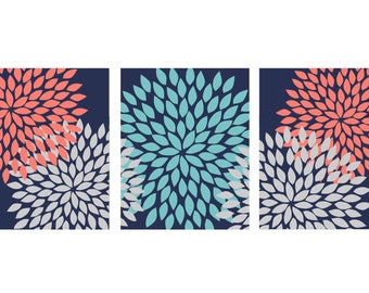 Aqua and Coral Bathroom Wall Art, Bathroom Decor, Navy, Coral, Teal, Grey, Floral Prints, Dahlia Flower Prints, Bathroom Art, Bedroom Art,