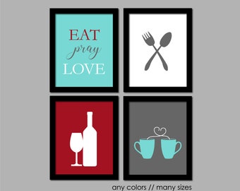 Modern Kitchen Wall Art Print Set, Eat Pray Love, Set of 4, Red Aqua Gray Turquoise Black Kitchen Decor, Fork Spoon, Coffee Art, Kitchen Art