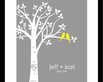 Personalized Wedding Gift, Love Birds in Tree with Carved Initials and Names/Wedding Date, 8x10 Family Tree Print