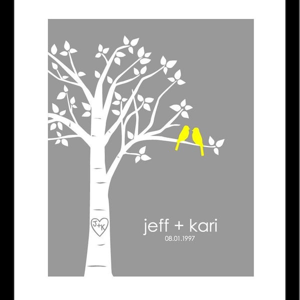 Personalized Wedding Gift, Love Birds in Tree with Carved Initials and Names/Wedding Date, 8x10 Family Tree Print