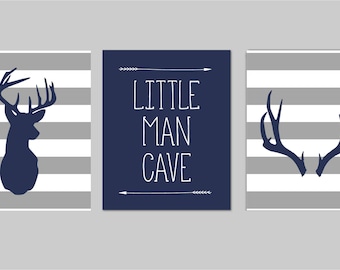 Little Man Cave Prints, Little Man Nursery Prints, Antler, Grey and Navy Nursery, Baby Shower Gift, Deer Nursery Art Prints, Deer Nursery