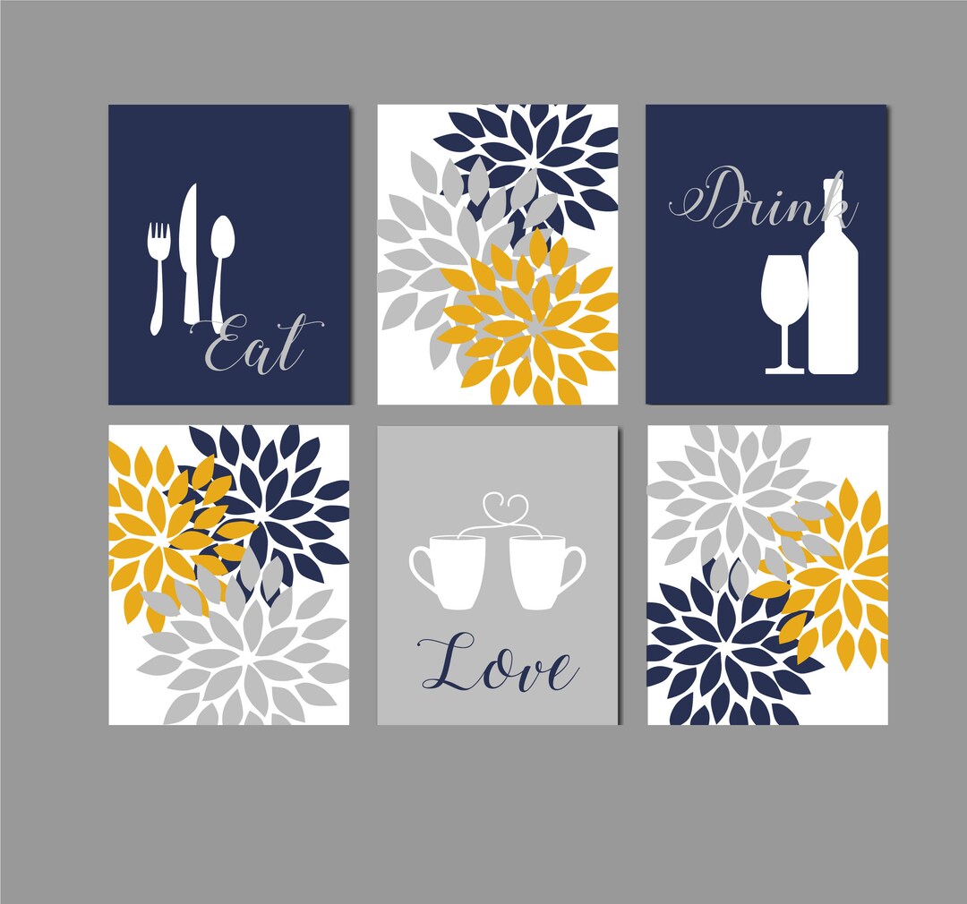 Kitchen Wall Art Set of Six, Eat Drink Love, Flower Bursts, Navy, Grey