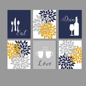 Kitchen Wall Art Set of Six, Eat Drink Love, Flower Bursts, Navy, Grey, Gold, Modern Kitchen Art, Set of 6 You Choose Size and Colors