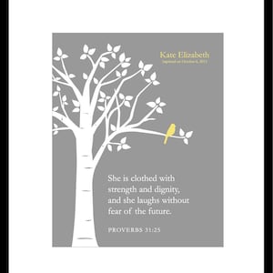 Christening Gift Baptism Gift She Is Clothed With Strength and Dignity Scripture Girl Nursery Decor Baby Gift Yellow Gray 8x10 Print image 1