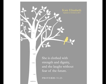 Christening Gift Baptism Gift She Is Clothed With Strength and Dignity Scripture Girl Nursery Decor Baby Gift Yellow Gray - 8"x10" Print