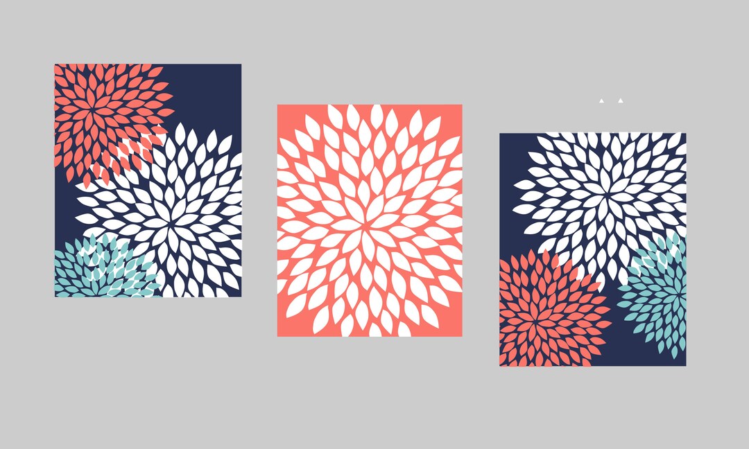 Navy Coral Teal Wall Art, Bedroom Pictures, Bathroom Artwork, Flower ...