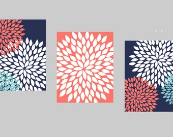 Navy Coral Teal Wall Art, Bedroom Pictures, Bathroom Artwork, Flower Wall Art, Floral Prints, Flower Burst Dahlia, Home Decor, Bath Wall Art
