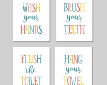 Kids Bathroom Rules Set of 4, Childrens Bathroom Wall Art, Rainbow Bathroom, Colorful Bathroom Rules, Kids Bathroom Art, Wash, Brush, Flush