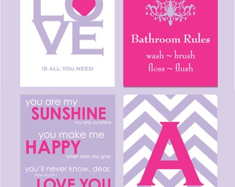 Girls Bathroom Art, Kids Bathroom Decor, Bathroom Rules, Girls Bathroom Wall Decor, You Are My Sunshine Monogram Prints - You Choose Colors