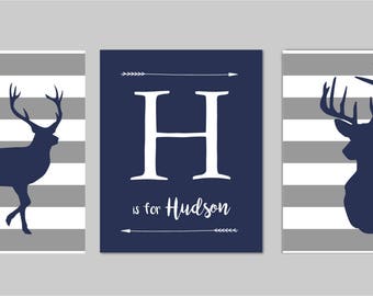 Baby Boy Nursery Art, Deer Nursery, Baby Name Art, Deer Nursery, Navy Grey Nursery, Antler Nursery, Deer Wall Art, Deer Art, Woodland Art