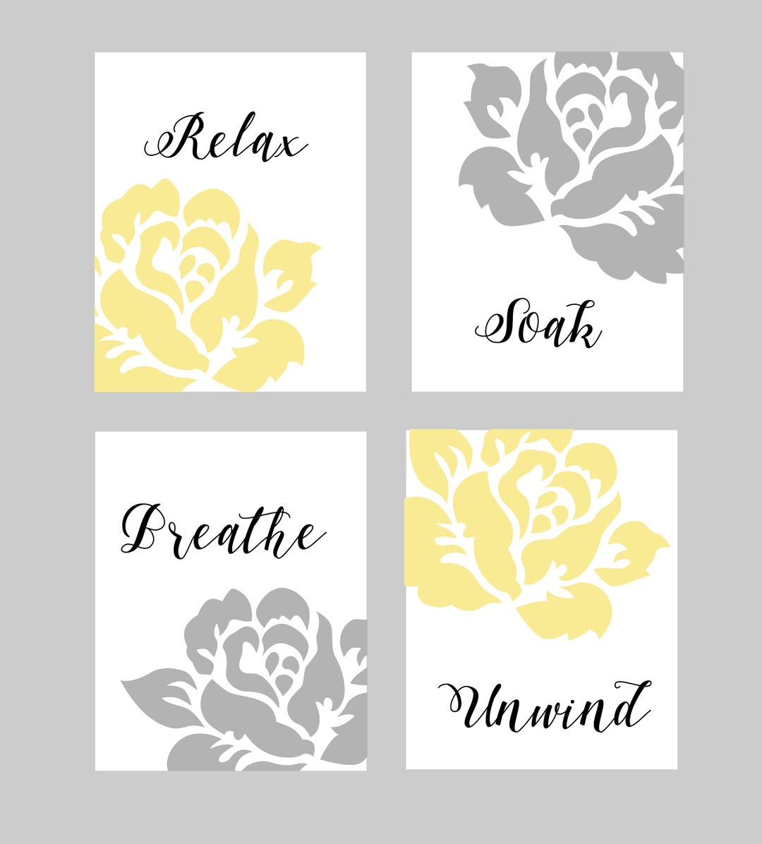 Yellow and Grey Bathroom Wall Art, Bathroom Wall Decor, Yellow and Gray