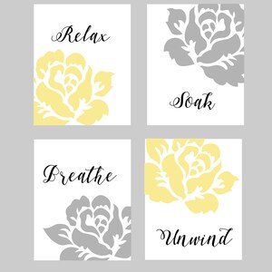 Arte de pared para baño en amarillo y gris, decoración de pared para baño, amarillo y gris, arte floral para baño, impresiones para baño, colores a elegir, juego de cuatro