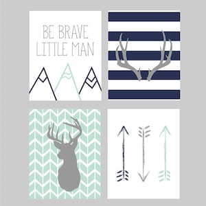 Deer Nurser Decor, Baby Boy Nursery, Antler Nursery, Arrows, Be Brave Sign, Woodland Nursery Art, Navy and Mint Nursery Decor, Set de 4