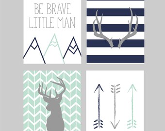 Deer Nursery Decor, Baby Boy Nursery, Antler Nursery, Arrows, Be Brave Sign, Woodland Nursery Art, Navy and Mint Nursery Decor, Set of 4