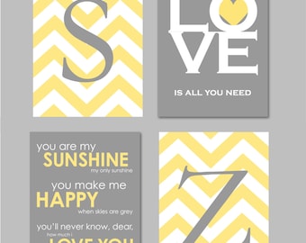 Yellow and Gray Bathroom Art Home Decor Prints You Are My Sunshine Chandelier Chevron Monogram Prints - Set of four 5x7s You Choose Colors