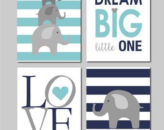 Dream Big Little One, Baby Boy Elephant Nursery, Navy and Aqua, Elephant Nursery Art, Baby Boy Nursery Wall Art, Navy Nursery Decor,  8x10s