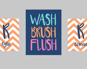 Brother Sister Bathroom Wall Art, Kids Bathroom Wall Decor, Kids Bathroom Art, Shared Boy Girl Bathroom Decor, Wash Brush Flush, Set of 3