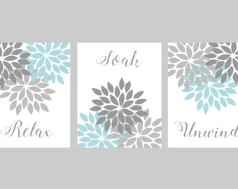 Aqua Gray Bathroom Wall Art, Bathroom Prints, Flower Bathroom Pictures, Relax Soak Unwind, Bathroom Decor, Set of 3, Bath Quotes Wall Decor