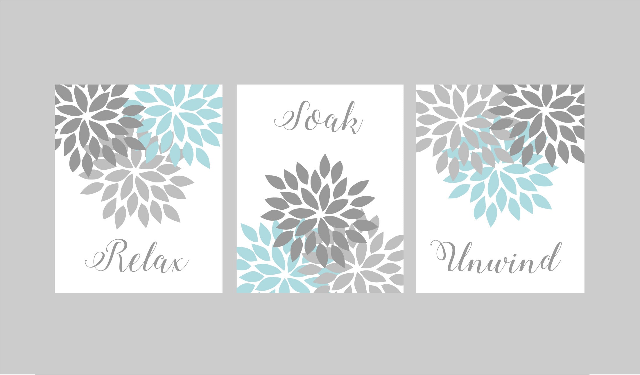 Aqua Gray Bathroom Wall Art, Bathroom Prints, Flower Bathroom Pictures