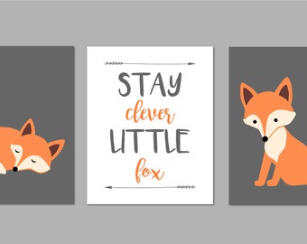 Stay Clever Little Fox, Tribal Nursery, Fox Nursery, Woodland Nursery Decor, Forest Nursery Art, Forest Nursery, Set of three 8x10s