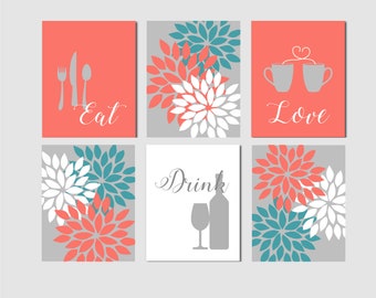 Kitchen Art Prints, Eat Drink Love, Home Decor Flower Bursts, Coral Turquoise Gray, Modern Kitchen Wall Art, Set of 6, Unframed,Any Colors