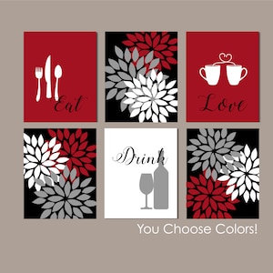 Kitchen Wall Art Print Set, Eat Drink Love, Flower Bursts, Red, Grey, Black, Modern Kitchen Art, Set of 6 You Choose Size and Colors