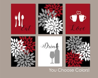 Kitchen Wall Art Set of Six, Eat Drink Love, Flower Bursts, Red, Grey, Black, Modern Kitchen Art, Set of 6 You Choose Size and Colors