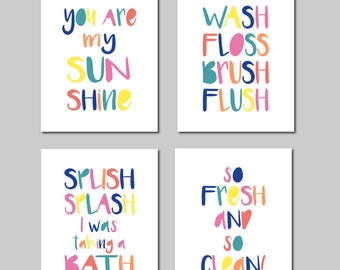 Kids Bathroom Decor, Bathroom wall decor, Kids Bathroom Art, You Are My Sunshine, Printable Art, Splish Splash, Wash Flush Brush Wall Art