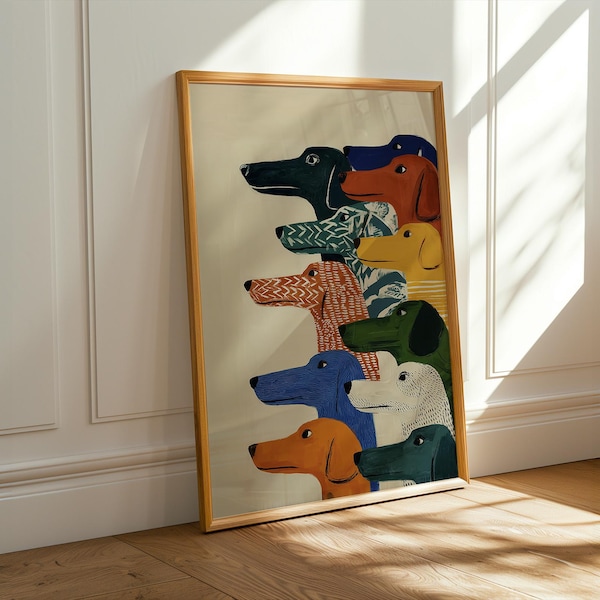 Bunter Hunde Line Up Print – Minimalistische Tier Illustration