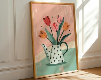 Tulips Art Print: Polka Dot Watering Can, Cheerful Floral Illustration