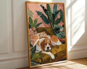 Beagle Art Print: Sleepy Dog, Tropical Home Decor