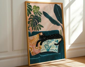 Cozy Cat on Couch Art Print – Tropical Houseplant Illustration, Whimsical Feline Home Decor