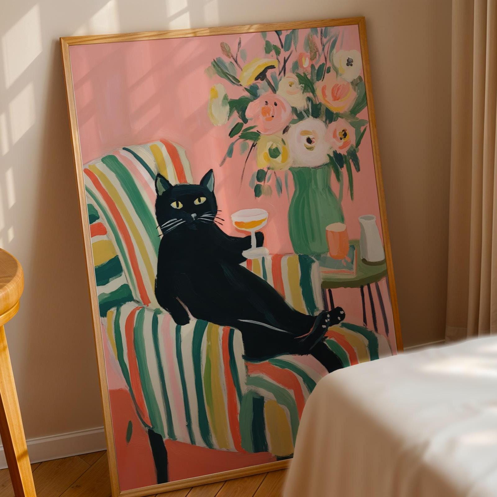 Whimsical Black Cat Art Print, Folk Art Cat Painting, Playful Modern ...