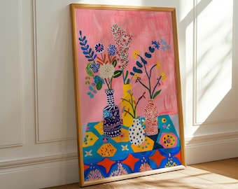 Floral Still Life Art Print: Patterned Vases, Modern Home Decor