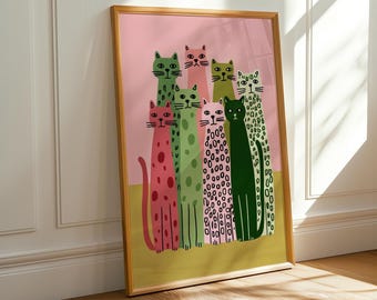 Playful Patterned Cats Wall Art – Contemporary Pop Art Cat Lover Print