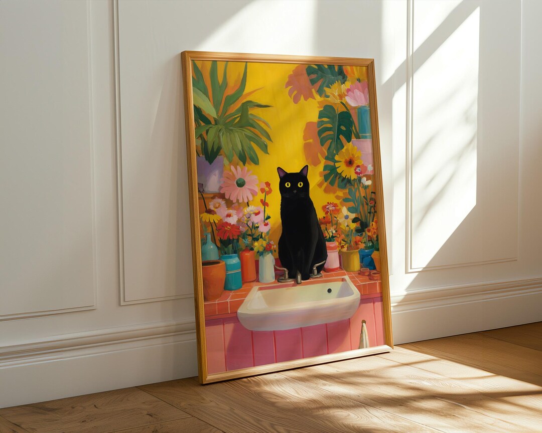 Black Cat Floral Art Print – Whimsical Kitchen Sink Scene - Etsy
