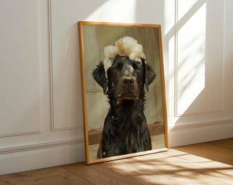 May include: A framed art print of a black dog with a foamy substance on its head, resembling a bath. The dog's eyes are closed, and water droplets are visible. The artwork is set in a light-colored room with a wooden floor.