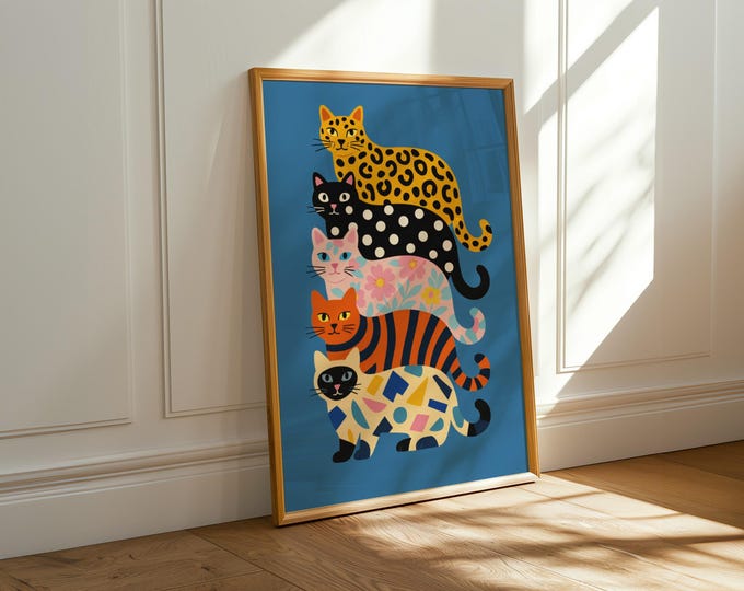 Colorful Cat Stack Illustration – Modern Geometric & Patterned Cats Wall Art Print