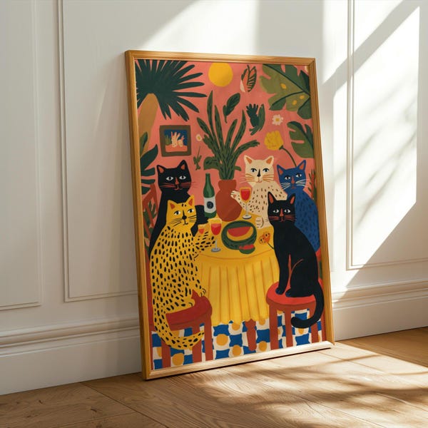 Cats at Dinner Party Art Print, Whimsical Cat Illustration, Colorful Home Wall Art