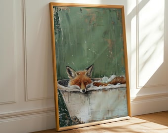 May include: A framed art print depicts a relaxed fox in a vintage bathtub filled with bubbles. The fox has orange fur and is resting with its eyes closed. The background is a textured green, and the frame is a warm wood tone.